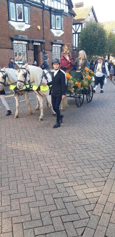 The mayor in her horse-drawn cart The mayor in her horse-drawn cart